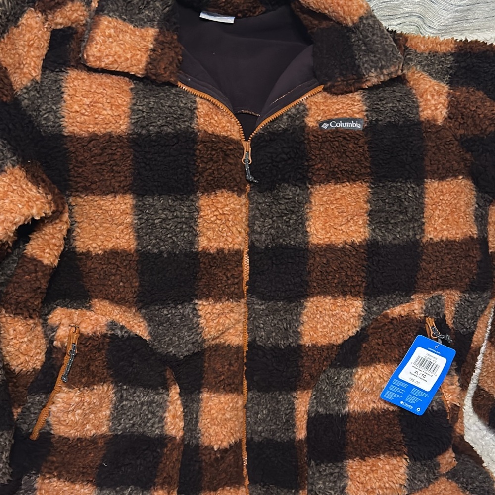Columbia Orange and Brown Checkered Fleece Jacket